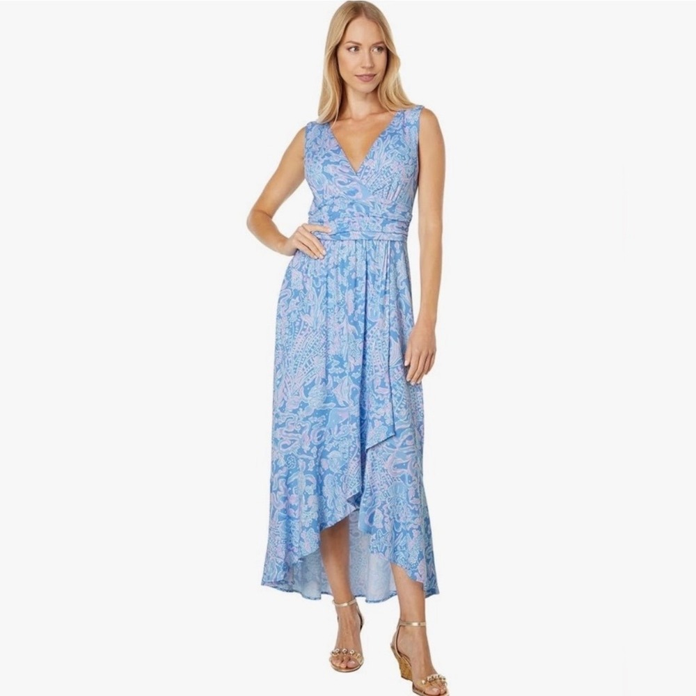 Lilly Pulitzer Moana Maxi Dress Boca Blue Sea What I Sea V-Neck Size M NWT
